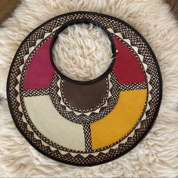 Vintage Woven Straw & Leather Circle Handbag - Picture 2 of 6